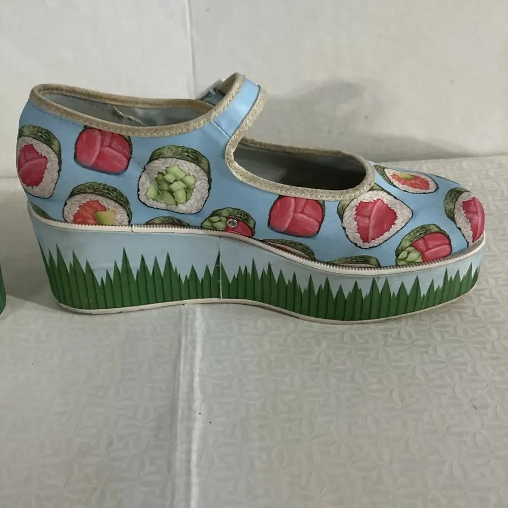 Hot Chocolate Design Sushi Mary Jane Platform Shoes Blue Novelty Women's Size 7